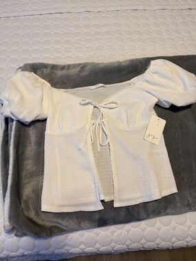 White Puff-Sleeve Tie-Front Top